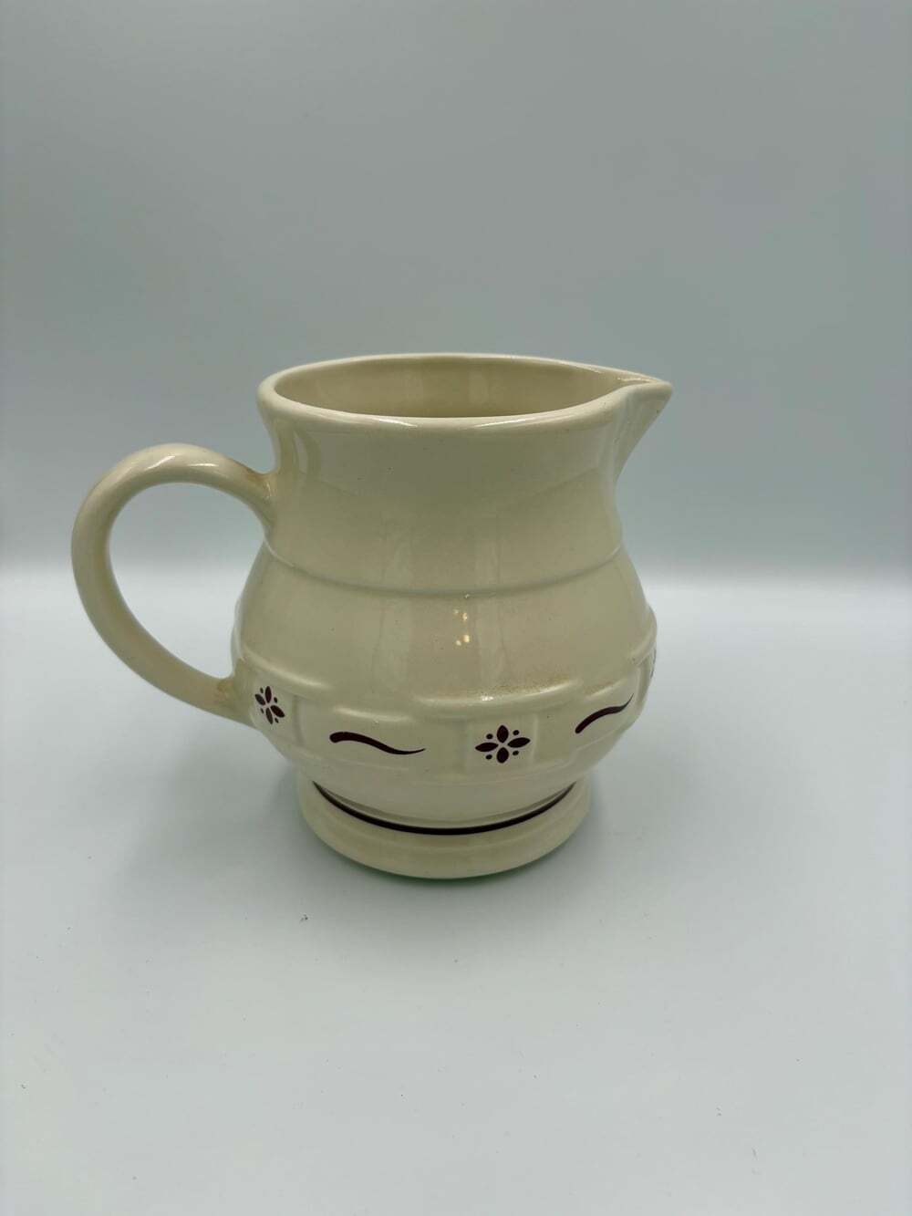 Longaberger Pottery Creamer Pitcher – Ivory with Burgundy Trim – Made in USA – F